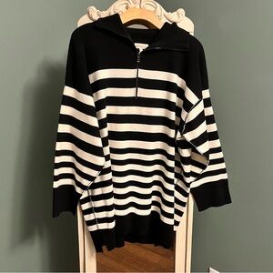 Promesa Black and White Stripped Quarter-Zip Mini Sweater Dress
